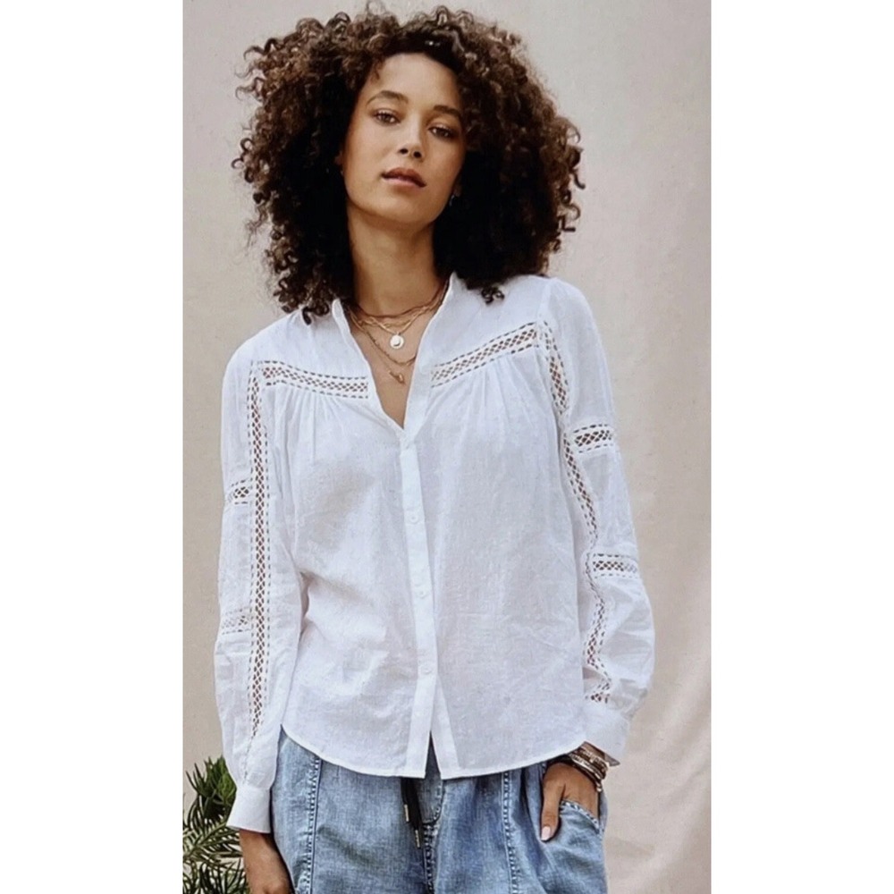 Good Hart Lydia Blouse Womens L White NEW Crochet Lace Cotton Button Front Top